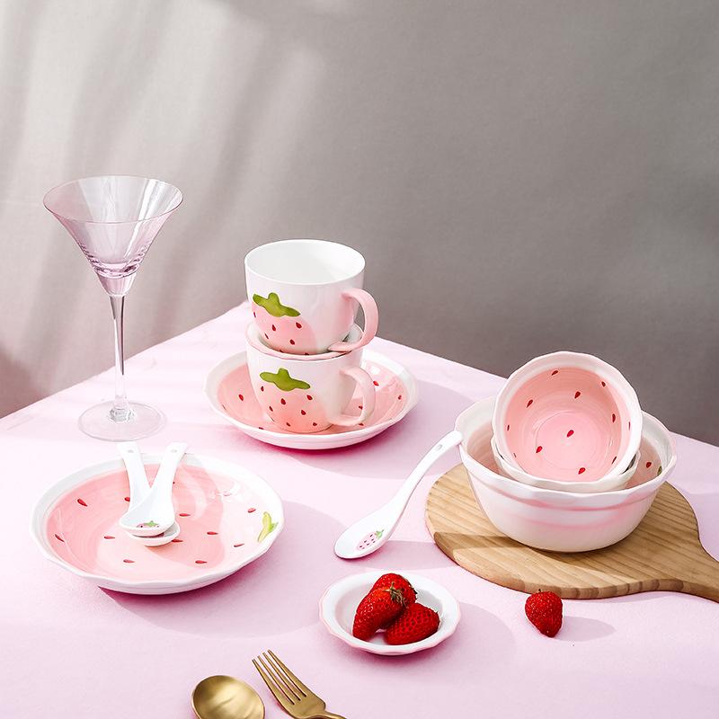 Korean‑Style Fresh Strawberry Ceramic Tableware Set, Oven & Microwave‑Safe Cute Irregular Bowl Plate Spoon for Home Kitchen