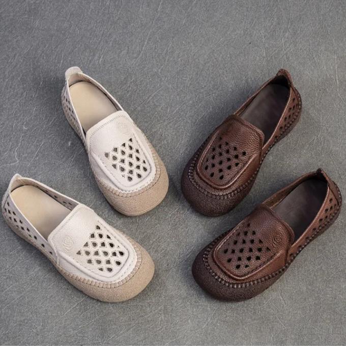 Johnature Hollow-out Breathable Flats Genuine Leather Comfortable Loafers Retro Versatile Women's Shoes