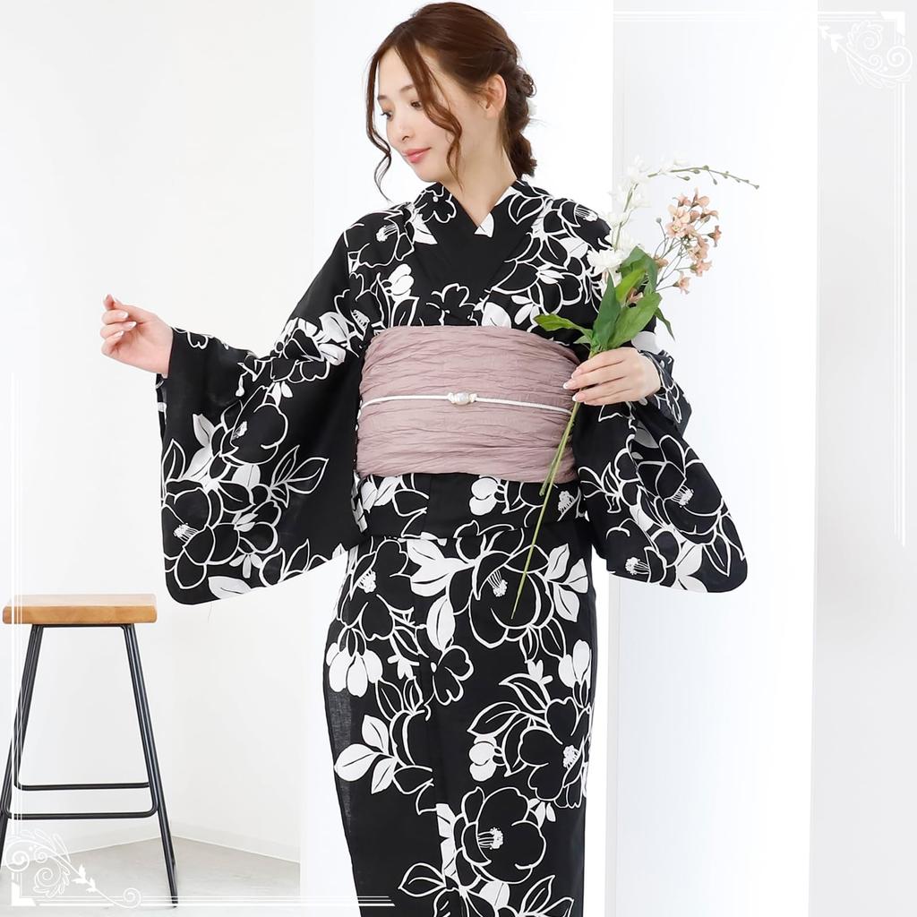 Yukata Set with Heiko Obi Crinkled and Modern Floral Summer Fireworks Free Size [GRAXIA] Women's 2-Piece (Sash), Fluffy, Pattern, Festival, Display,