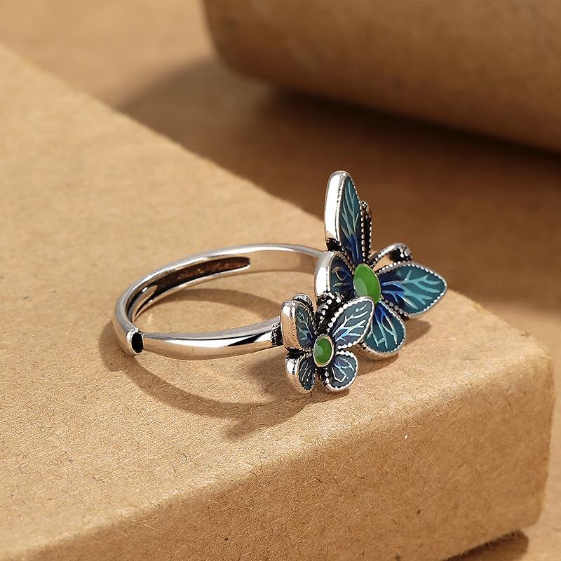 Exquisite Enamel Double Butterfly Rings Women Retro Ethnic Style ,Verse Adjustable Handdress 