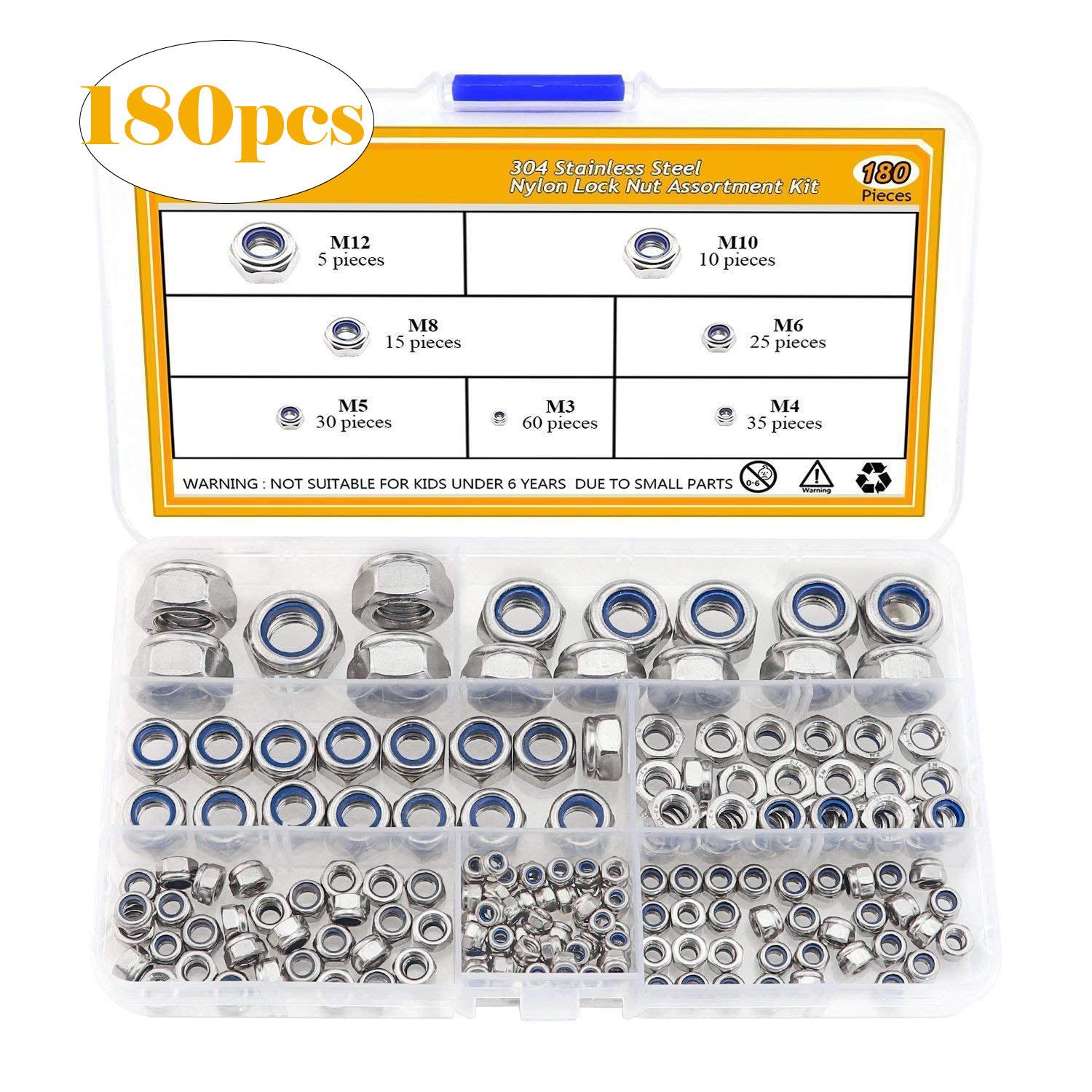 

Набор нейлоновых стопорных гаек 180 шт. DIN985 Металлические стопорные гайки Коробка M3M4M5M6-M12 180pcs