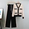 Women's Korean V-Neck Knit Set: Autumn Slim Cardigan & Wide-Leg Pants (Age-Reducing Two-Piece)