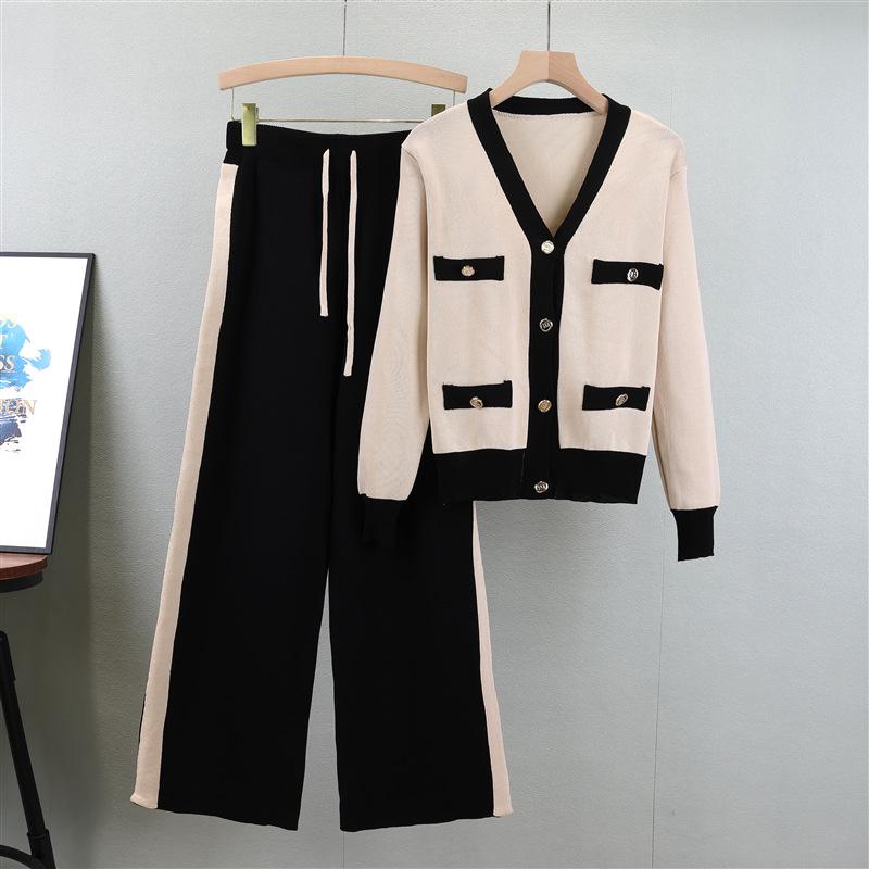 Women's Korean V-Neck Knit Set: Autumn Slim Cardigan & Wide-Leg Pants (Age-Reducing Two-Piece)