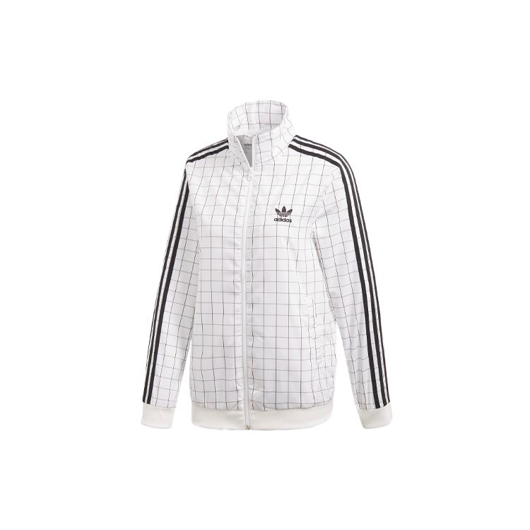 

Adidas Originals Trefoil Printed Logo Plaid Retro Sports Stripe Stand Collar Jacket Women Jacket White CE1734 34