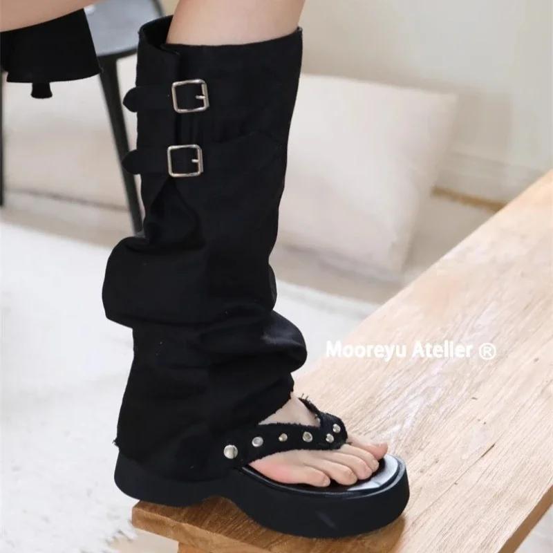 Designer Women's Sandal Boots Toe Clip Platform Sole Belt Buckle Women Shoes Personality Two Ways To Wear Zapatillas De Mujer