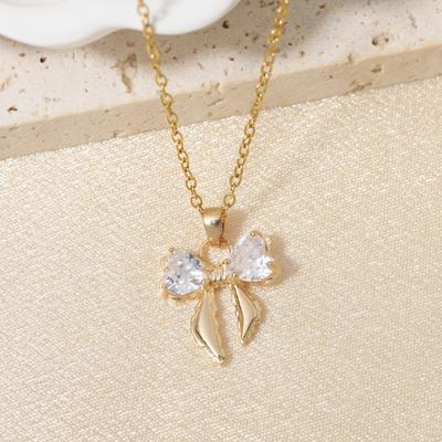 Cute Zirconia Heart Bow Pendant Necklace Jewelry for Women