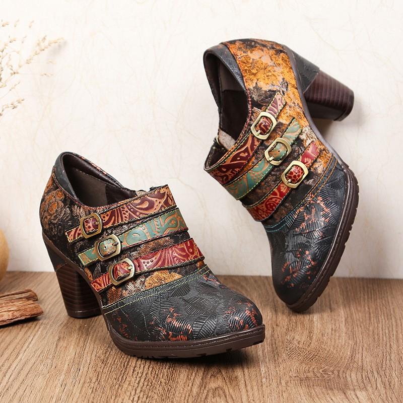 Johnature Genuine Leather Pumps Women Shoes Retro Round Toe Fashion High Heels Printed Handmade Ladies Shoes