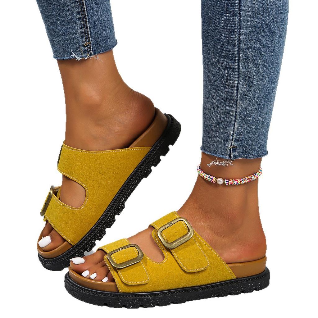 Muffin and platform slippers women's year, Europe, America and summer new belt buckle word beach cool slippers women