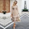 Women Autumn Winter O Neck Lantern Sleeve Lace High Waist Pleated Printed Dress