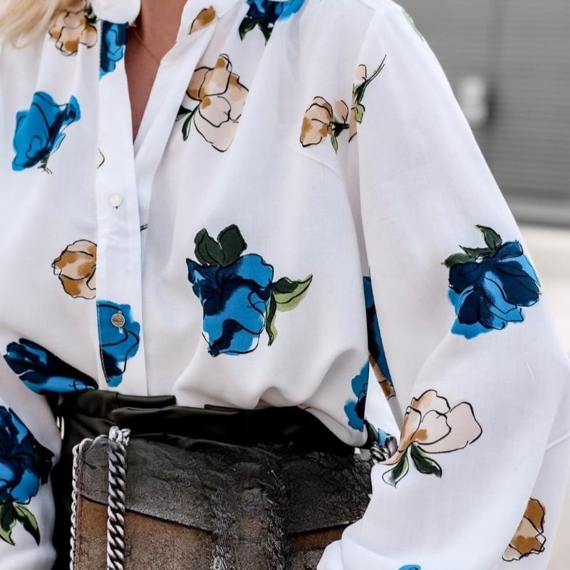 Autumn New Stand Collar Floral Print Casual Blouse Women Lantern Sleeve Tops Loose Office Shirt for Women Fashion Vintage Plus Size Blouses 24681