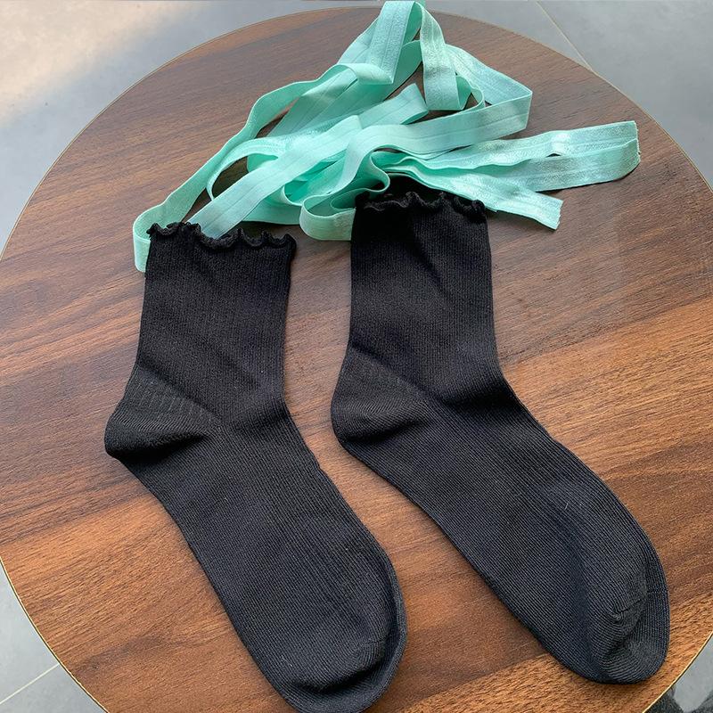 Balletcore Lace-Up Socks with Ruffled Cuff, Sweet Lolita Ribbed Crew Socks for Women, Y2K Aesthetic Leg Warmers Accessories