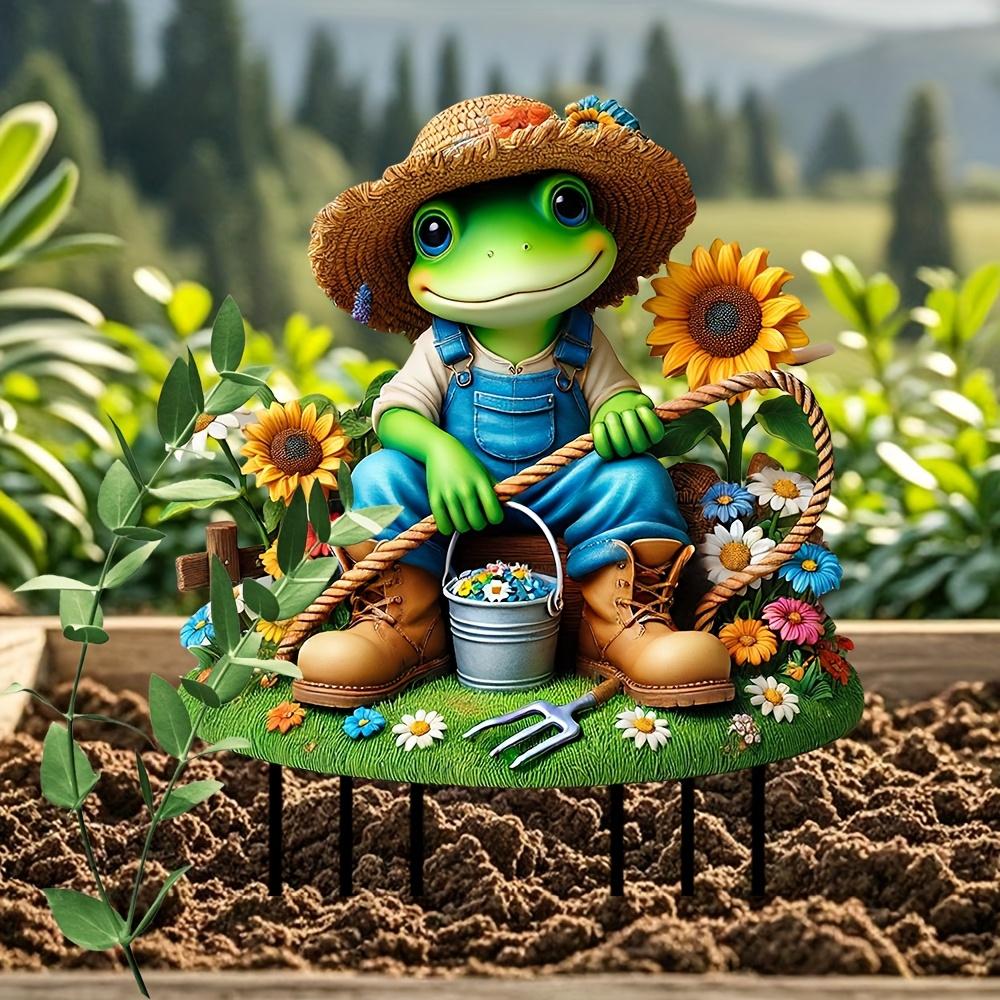 2D Flacher Frosch Gartendekoration Mit Strohhut Stiefeln Und Blumentopf, Ideal Für Rasen Hof Terrasse Garten Außenornament & Geschenk