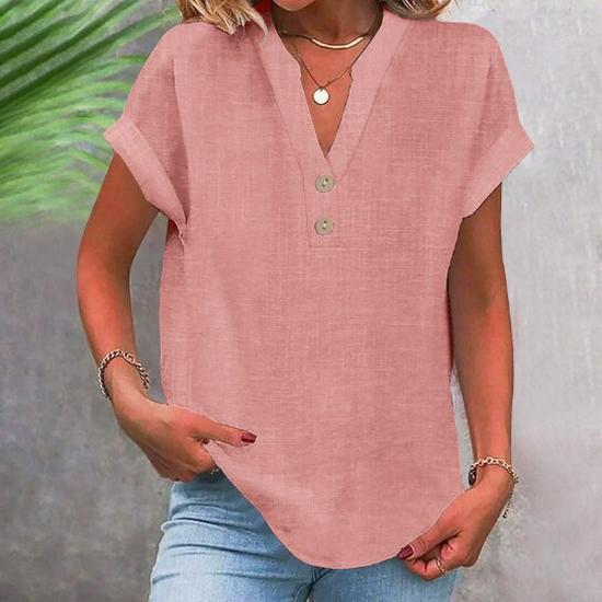 Camicia da donna a maniche corte con colletto alla coreana tinta unita, estate 2024