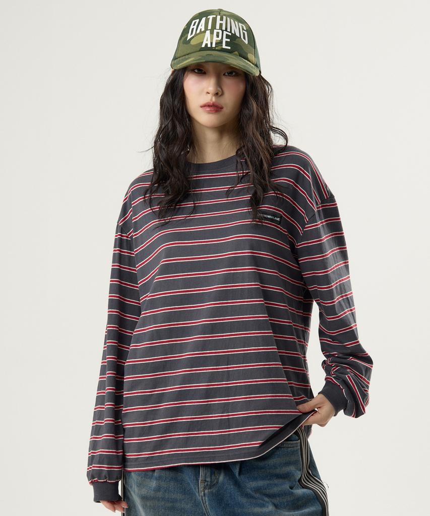 UNKNOWN PLANET Ivy Stripe Round Long Sleeve T-Shirt Gray