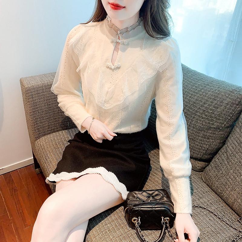 Autumn Winter Fashion New 2024 Long Sleeve Beading Stand Collar Ruffles Apricot Velvet Lace Blouse Shirt Women Tops Blouses Shirts J769