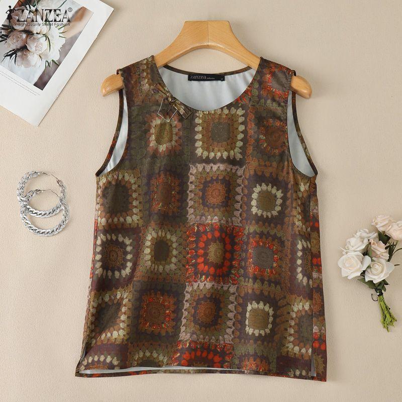 ZANZEA Women Casual Round Neck Loose Print Sleeveless Tank Tops
