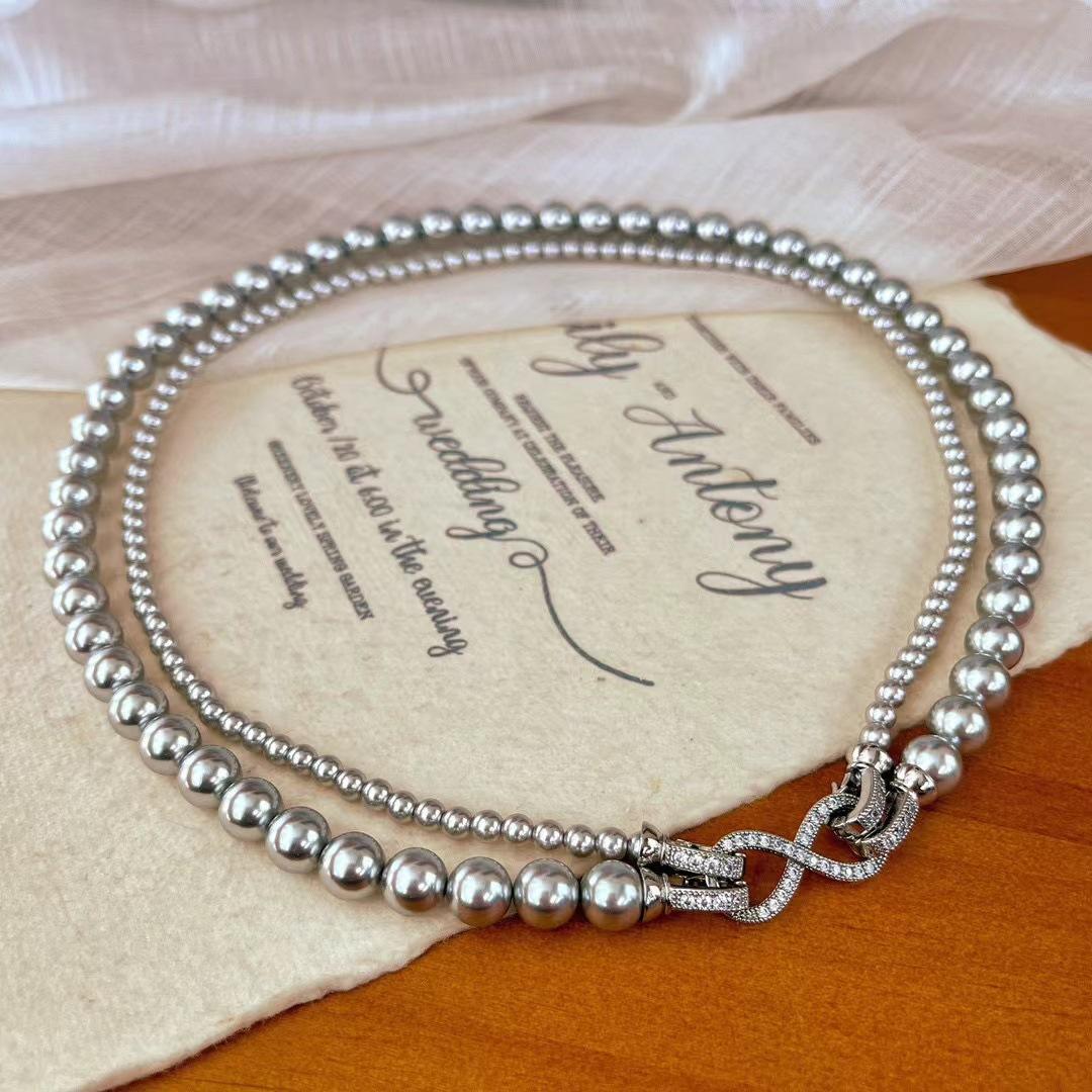 

French Retro Shijia Pearl Necklace Double-Layer Stacked Neck Chain Temperament High-End Variety Of Eight-Character Buckle