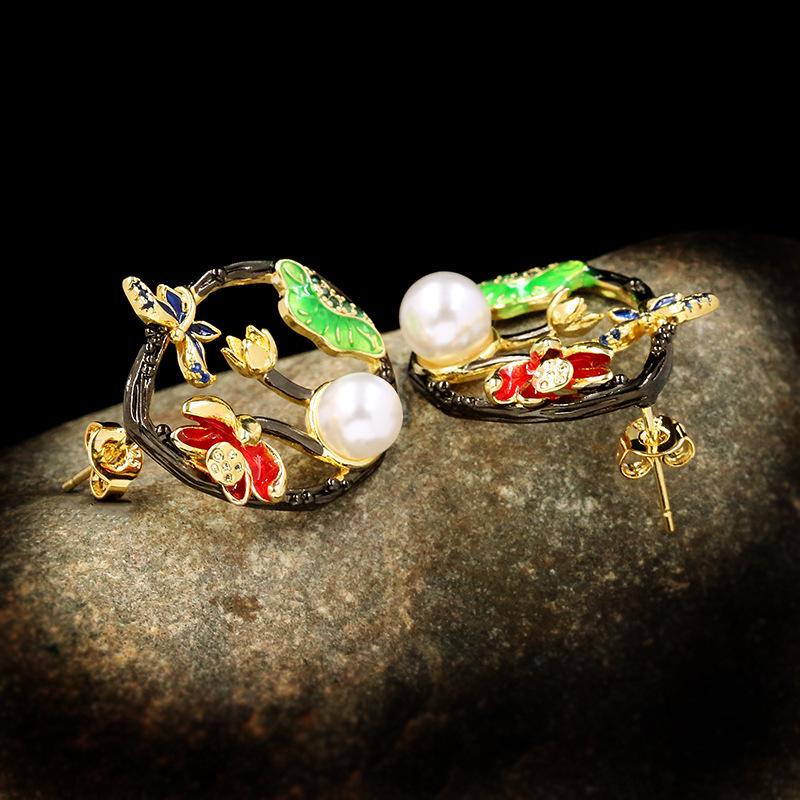 Fashion Retro Enamel Wild Fresh Lotus Earrings 925  Pearl Earrings Studs for Women Jewelry Gift Party Wedding