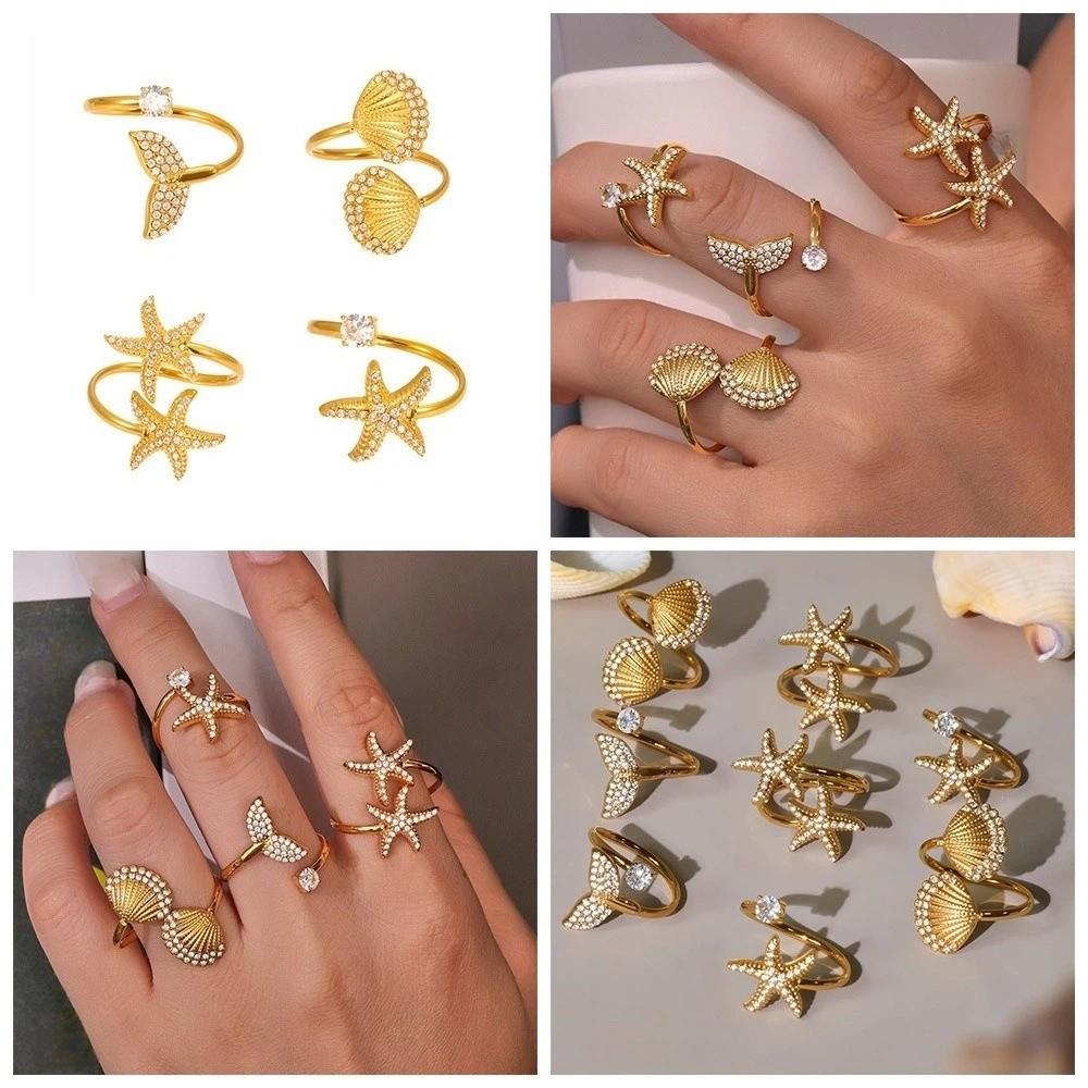 Exquisite Fish Tail Starfish Shell Finger Ring Jewelry Ocean Style Ring Cubic Zirconia Ring  Summer