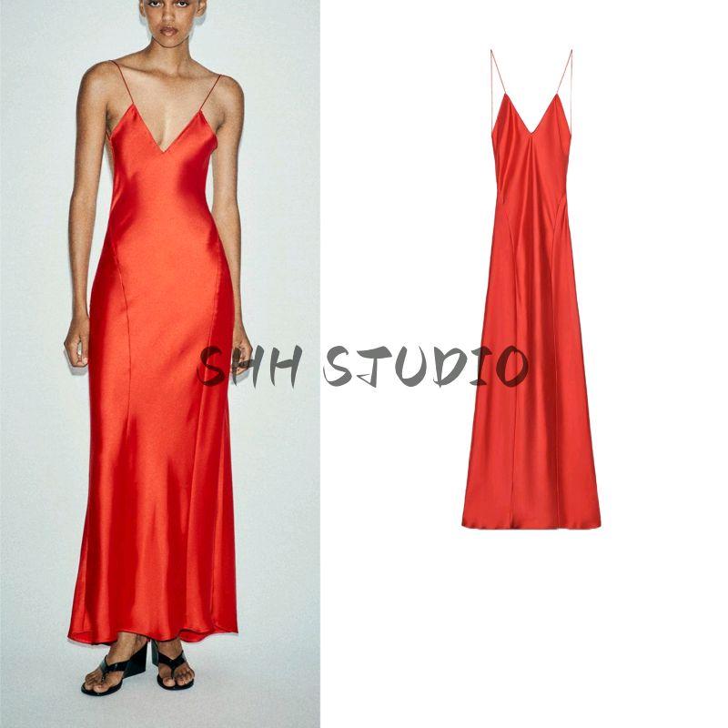 Summer New Product Women's Clothes American Minimalist Style V Neck Sleeveless Open Back Silk Satin Texture Length Dress 3067213