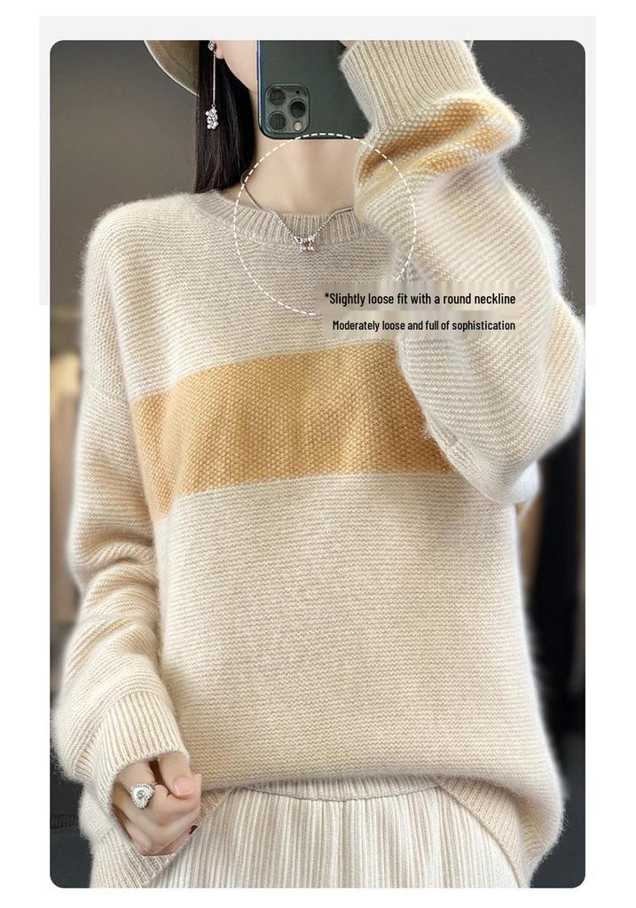 Women's Pure Wool Color Block Round Neck Sweater - Long Sleeve, Loose Fit, Autumn/Winter Knit Top