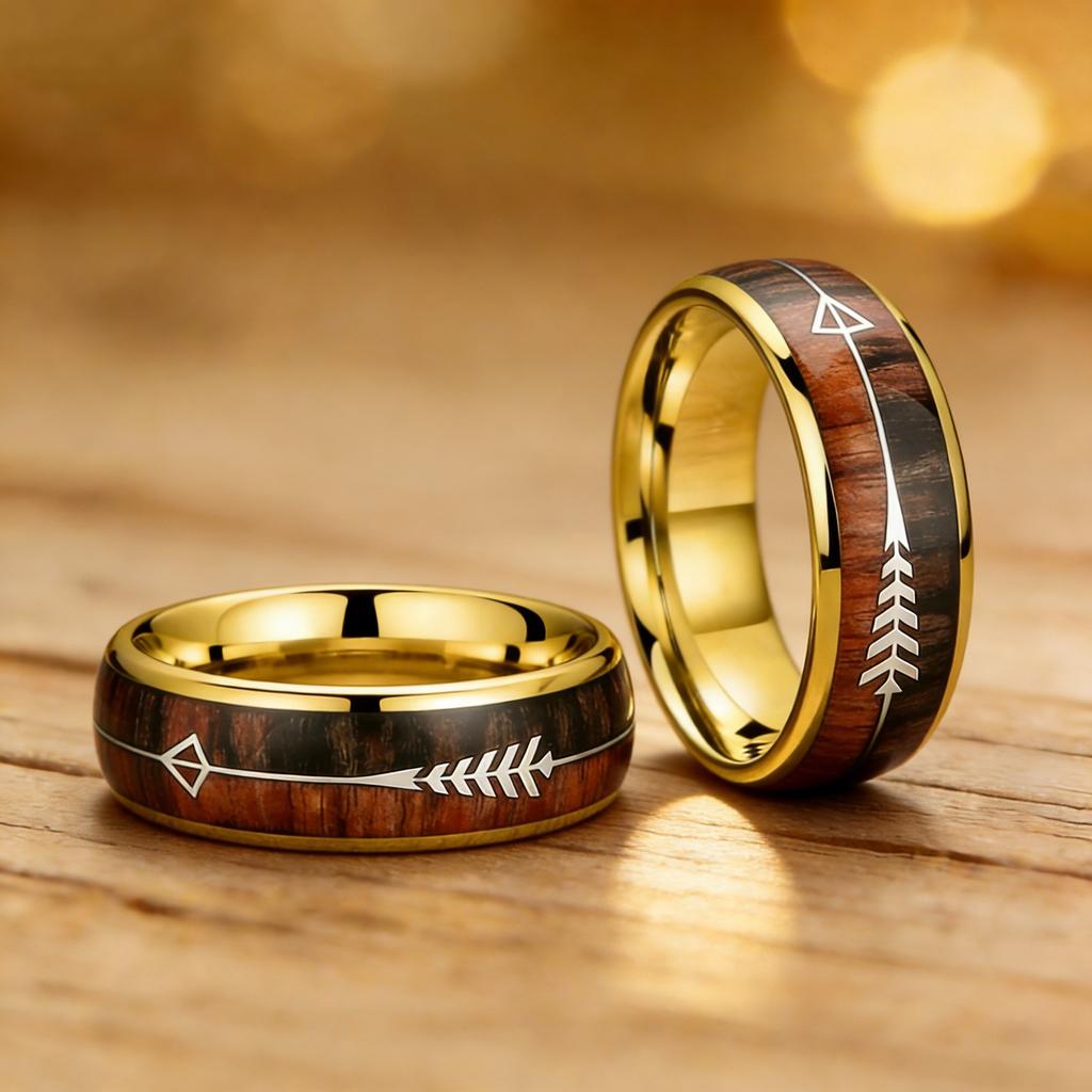 Fashion 8mm Gold Color Stainless Steel Rings for Men Women, Inlaid Arrow Hawaiian Koa Wood Rings, Men Wedding Band Jewelry