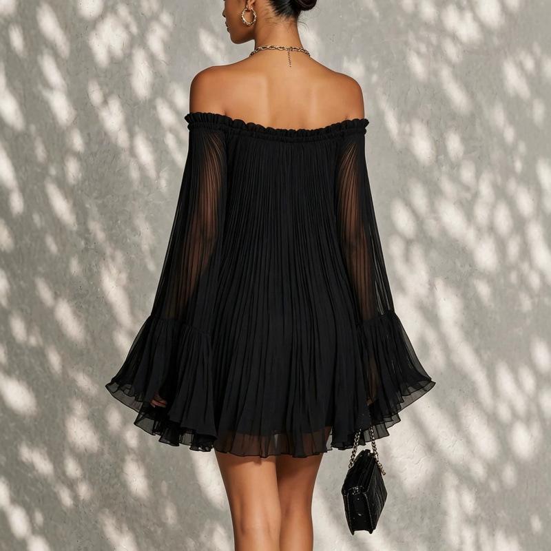 Xia's New Black One-word Shoulder Halter Pleated Lantern Sleeve Mini Fashion Dress