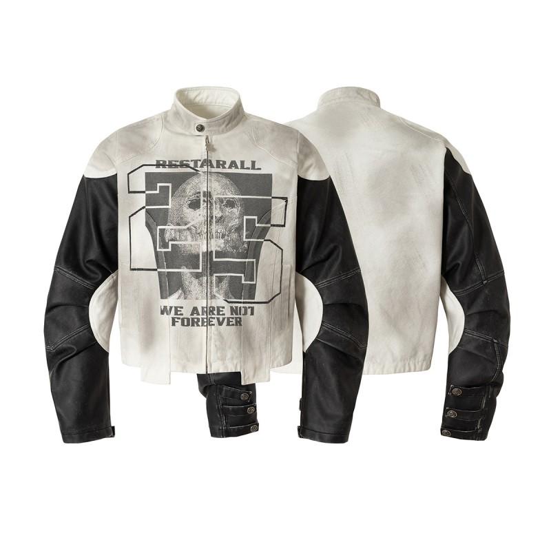Mens Streetwear Biker Jacket With Skull Patch PU Leather Panel Structured Stitching Loose Fit Fall
