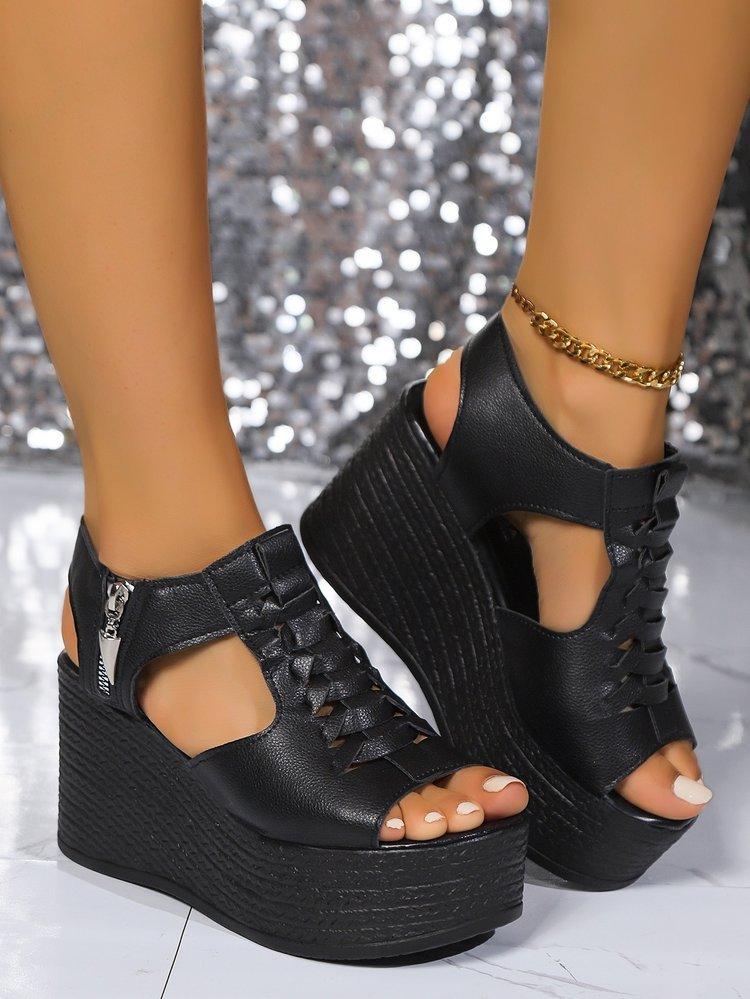 

Large size sandals women s summer new fish mouth wedge heel thick bottom side zipper hollow women s shoes 43 чёрный