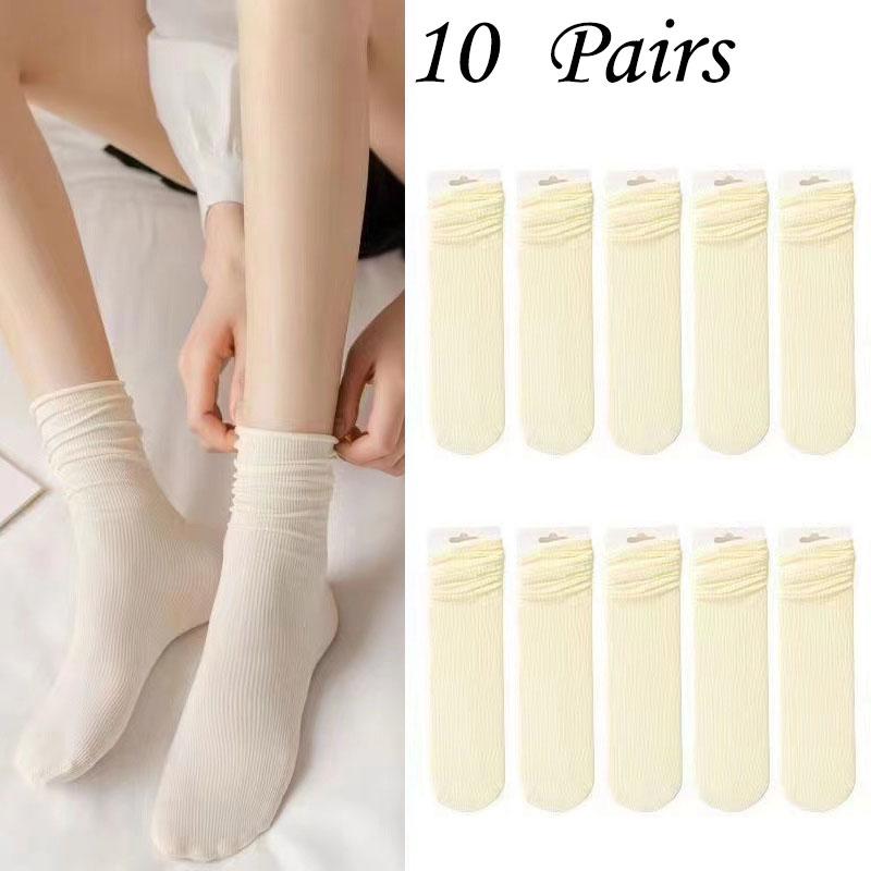 10 Pairs Stacked Socks Medium Tube Solid Color Ice Silk Women's Socks Casual Socks Comfortable and Breathable Kawaii Socks