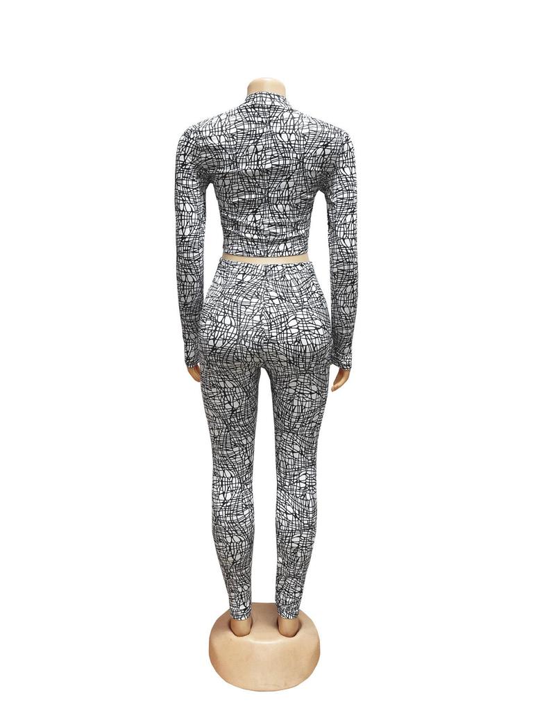European & American Women's Spring/Autumn Half-High Collar Zipper Cropped Top with Long Sleeve & High-Waisted Pants Two-Piece Set