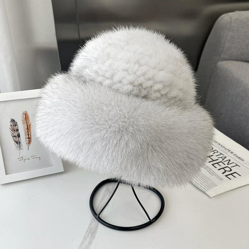Mink Hair Woven Hat Women's Winter Korean Version Warm Ear Protection Fur Hat with Wide Fox Burr Edge Bucket Hat