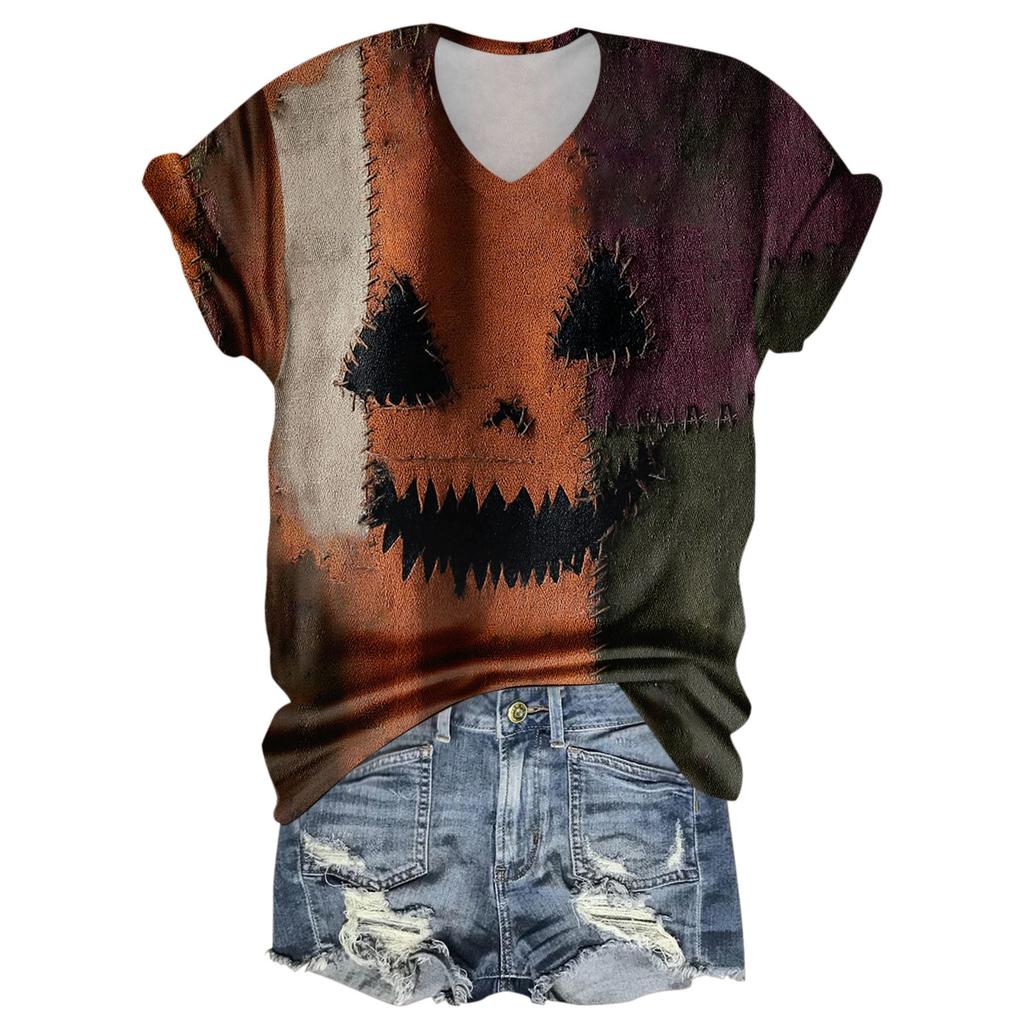 Women's Fashion Casual Three-quarter Sleeve Halloween Letters,  Face Print Top