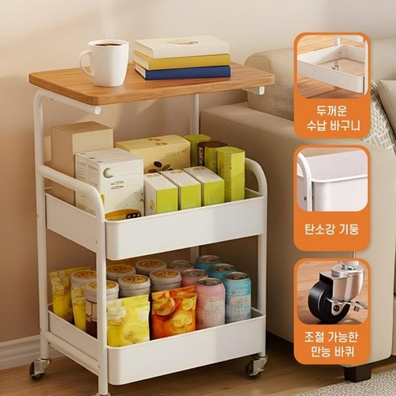Rolling Storage Cart Multi-Tier Kitchen Organizer Shelf with Wooden Top and Wheels for Bathroom Living Room