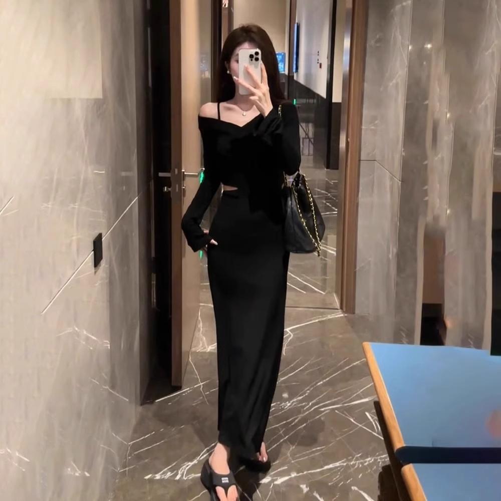 

French black off-the-shoulder v-neck long-sleeved dress, autumn dress for women, small man with waist temperament, waist-exposed, bottom-up dress XL чорний