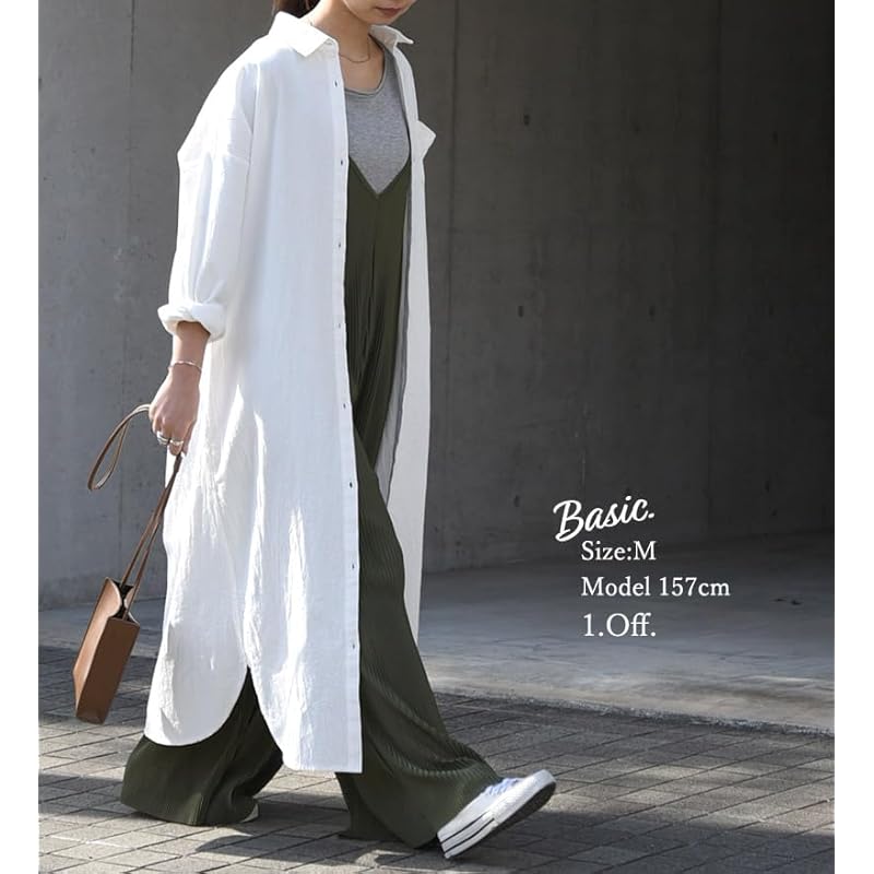 [And It] 4type long sleeve shirt dress 100% cotton ladies wide body shape cover Haori L Off/Skipper A/long