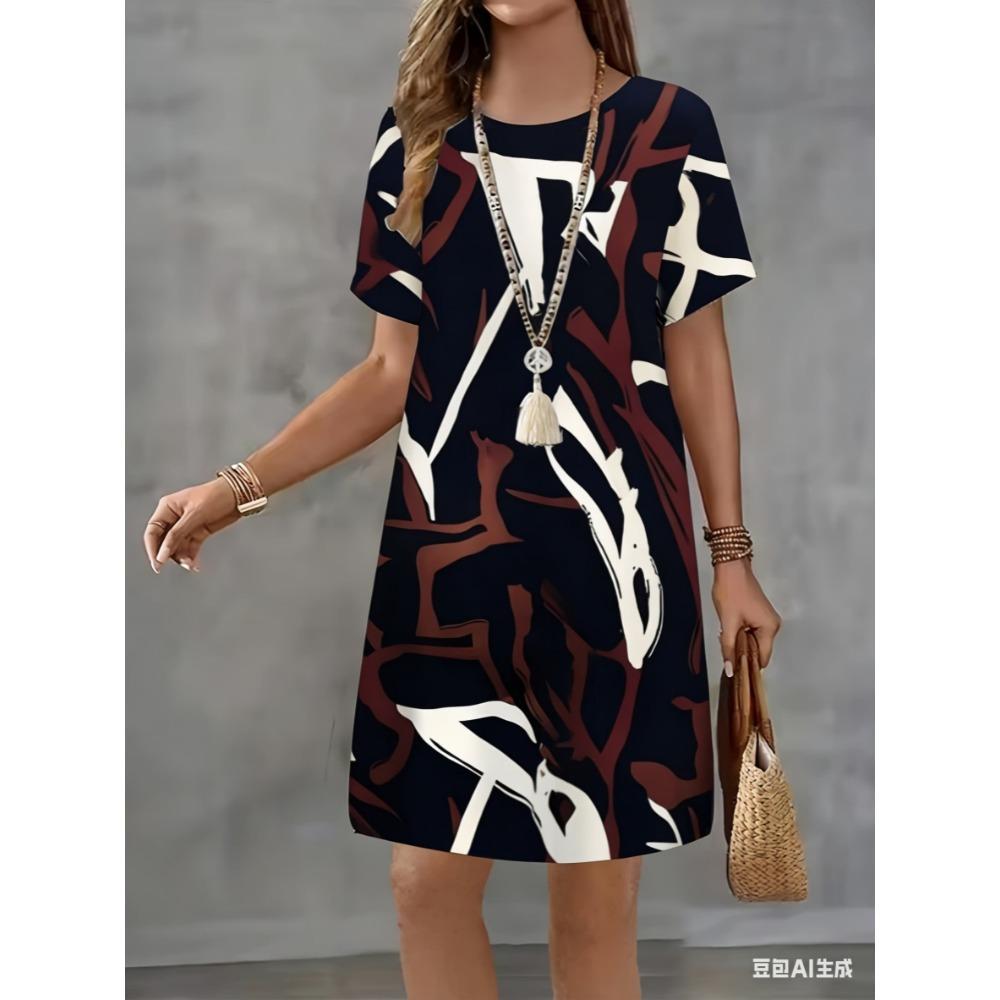 Artistic stripe print dress - Summer women's casual short-sleeved mini skirt