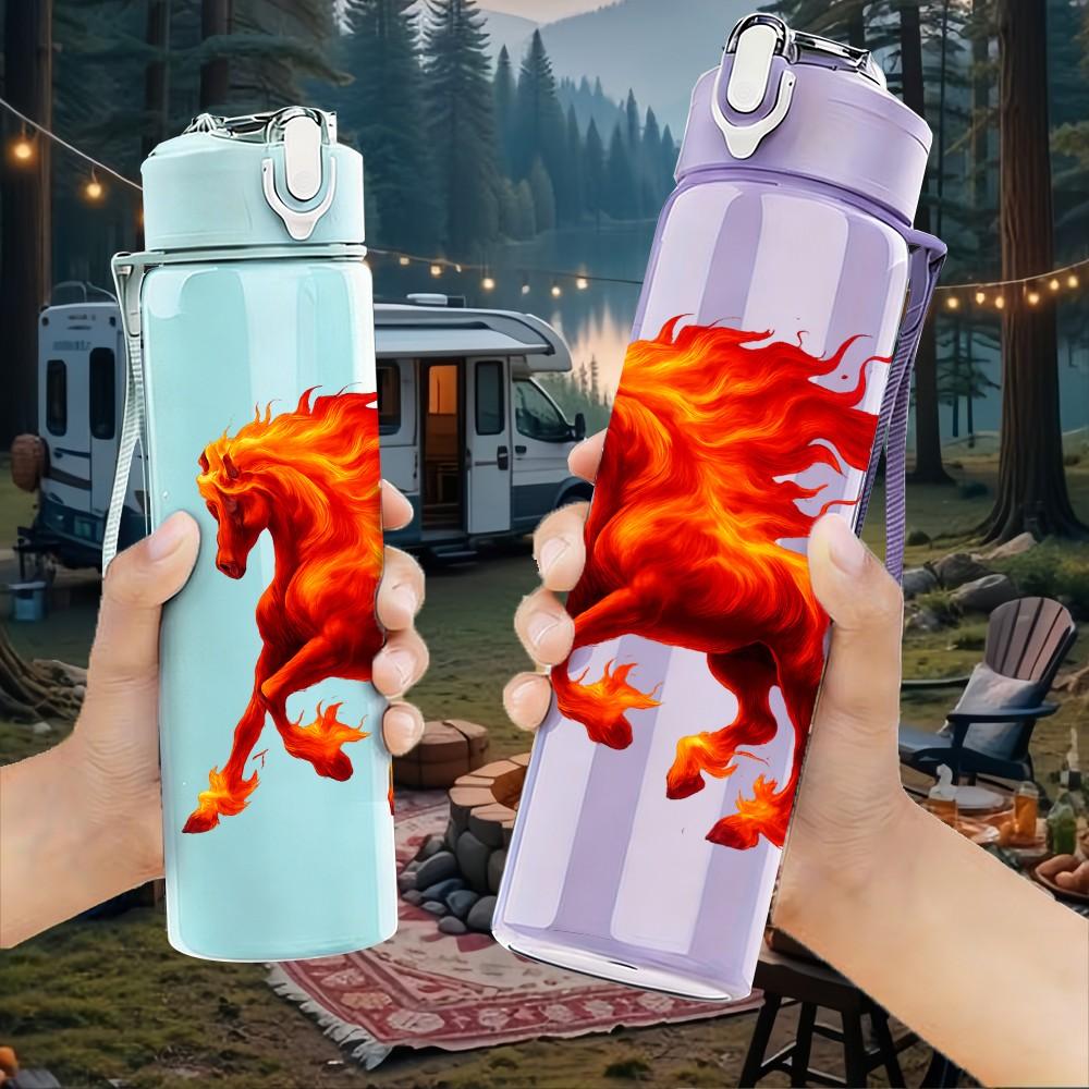 1PC Running Red Horse Silhouette 750ml Color Plastic Sports Water Bottle Leakproof Flip Straw Lid Suitable for Sports Office Home Use