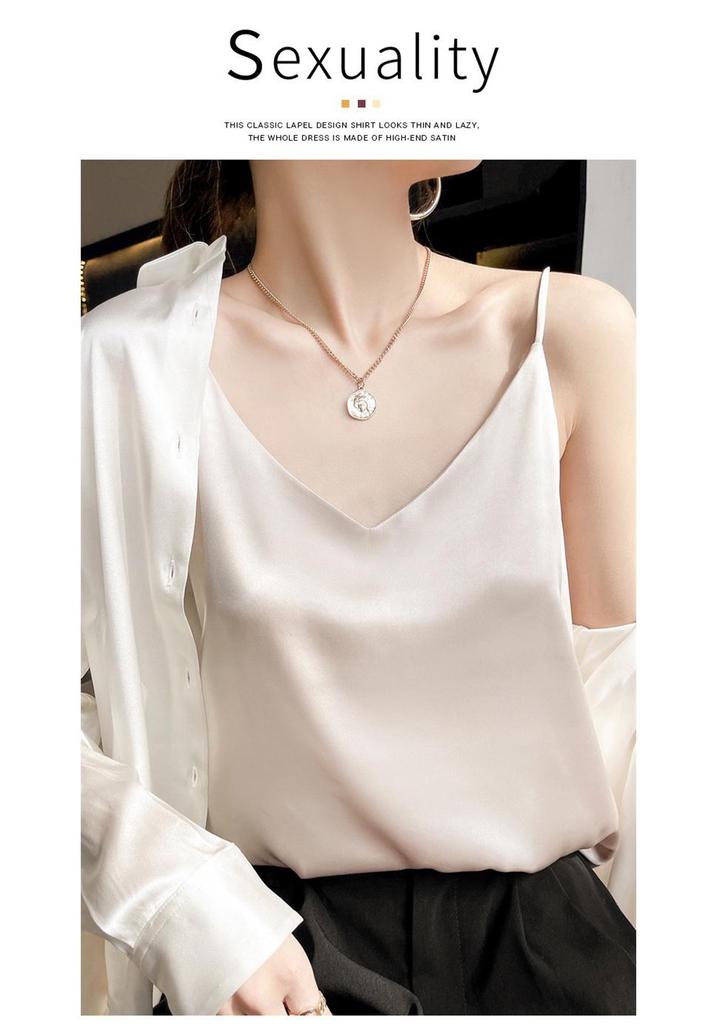 25 Summer Silk Slim-fit V-neck Camisole, Single Strap, Sleeveless, Solid Color, Versatile Imitation Silk Vest
