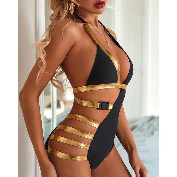 Costume da bagno intero sexy da donna, imbottito, senza schienale, bikini, cintura, costume da bagno monokini