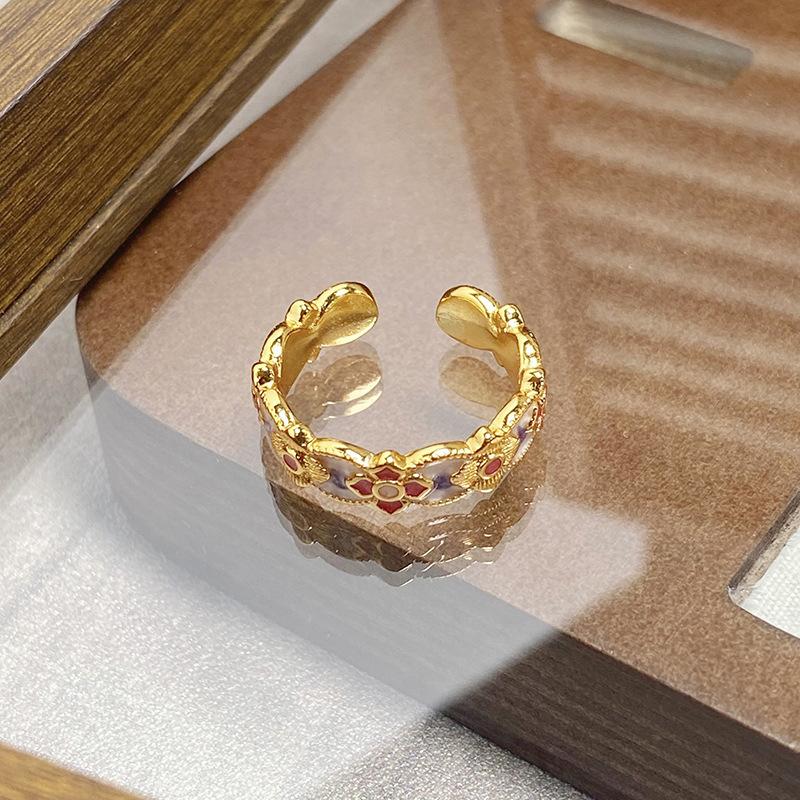 Medieval Vintage Retro Colored Enamel Open Ring Women'S Niche High-End Light Luxury Personality Ring