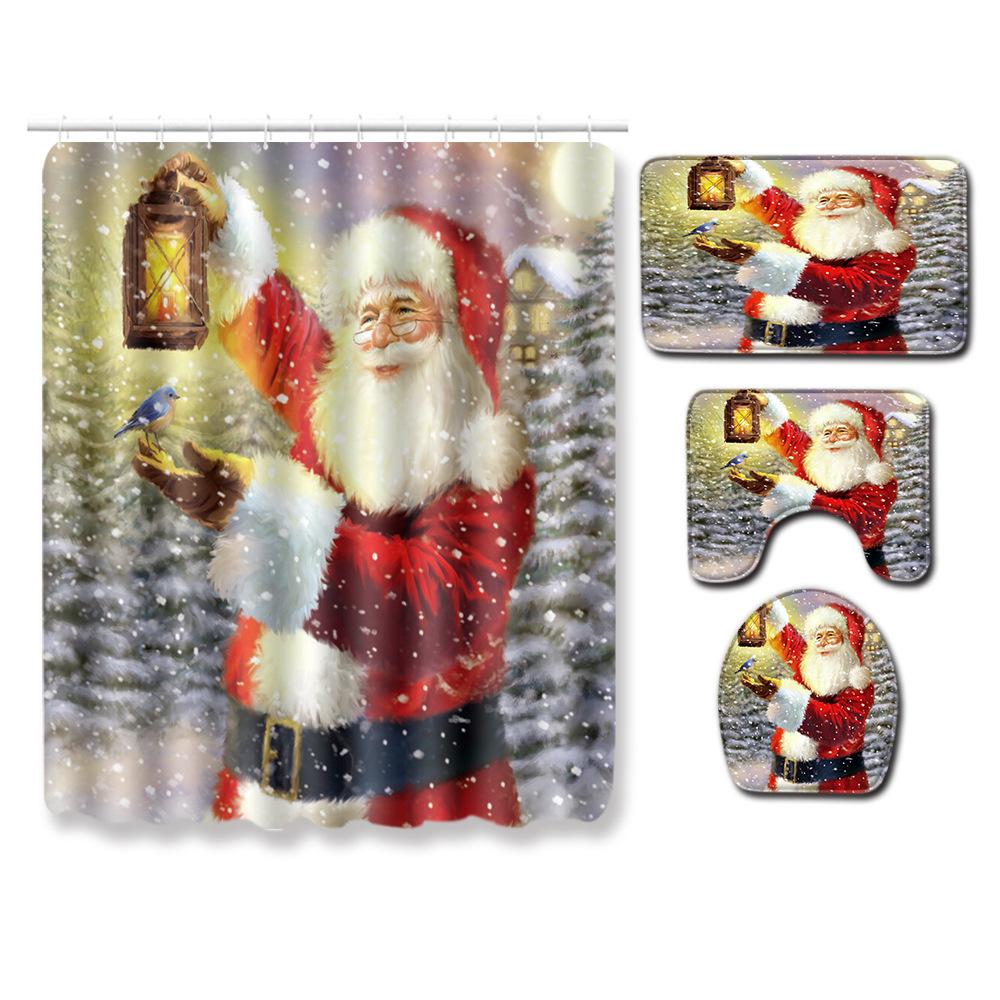 Christmas Shower Curtain Floor Mat Combination Four-Piece Set Bathroom Toilet Carpet Shower Room Mat Foot Mat