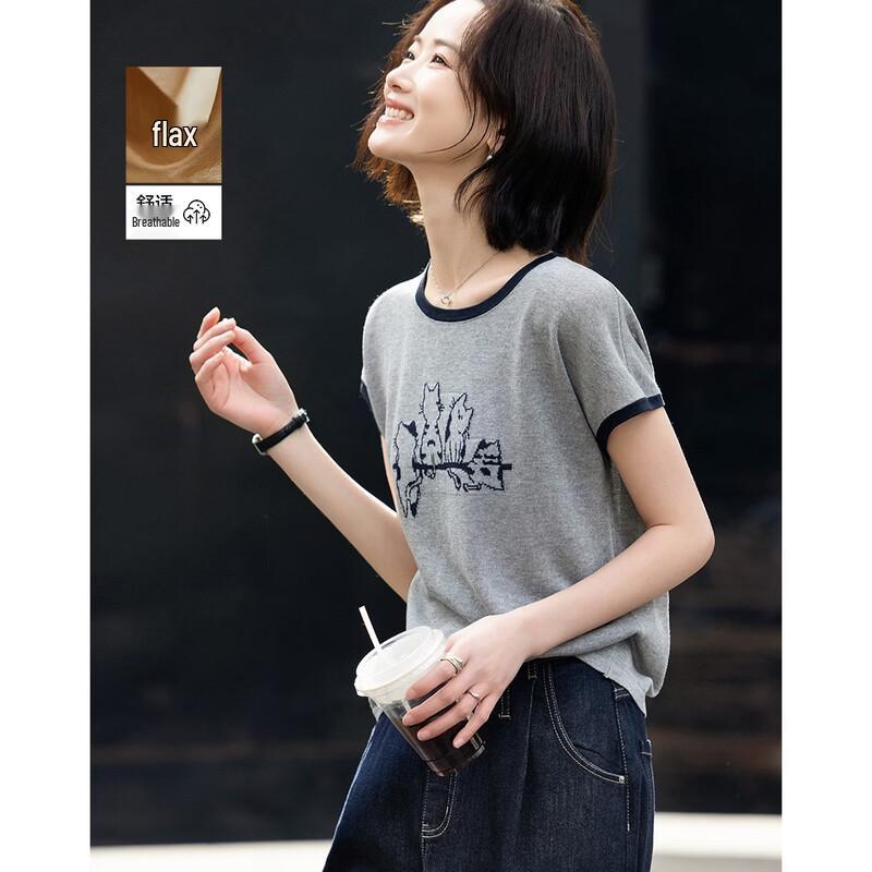 Demana Women s Summer Linen Blend Cat Jacquard Knit Top XL