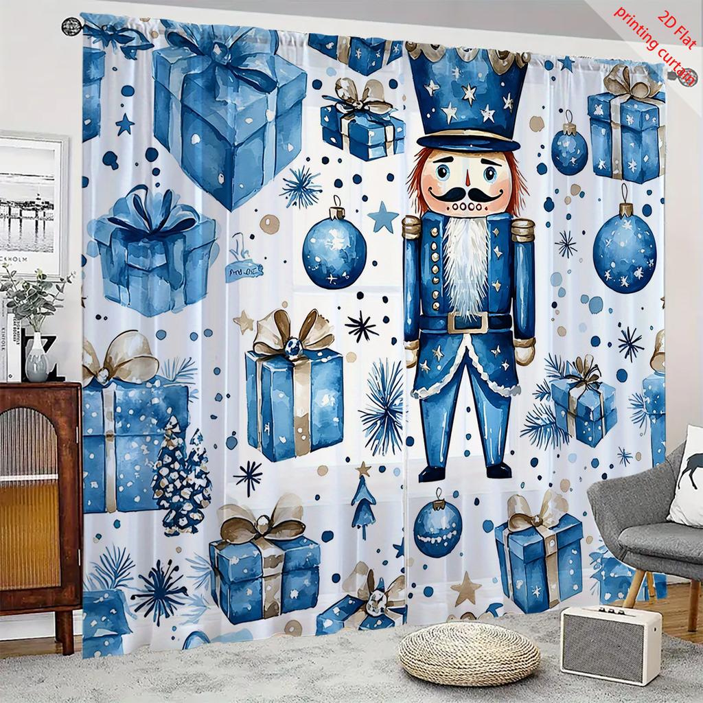 2 Christmas Blue Gifts Nutcracker Digital Printed Window Screens Home Decor Style Decoration Living Room Window Screens