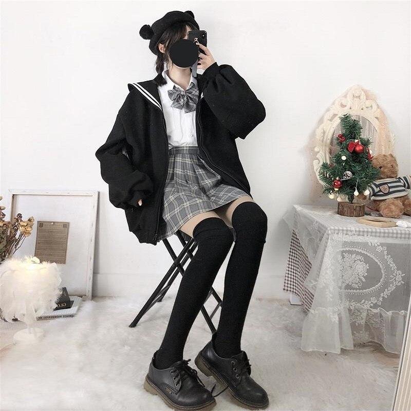 Women's Qweek Zipper Sweatshirt, Black Sweatshirt with Navy Collar, 2021 Japanese Fashion