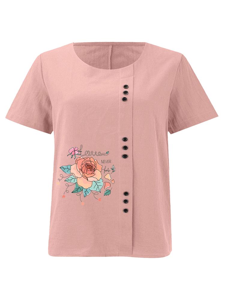 Women s Fashion Floral Pattern Print Shot Sleeve T-shirt Loose Cotton Shirt Casual Loose Summer Blouse Tops Plus Size S
