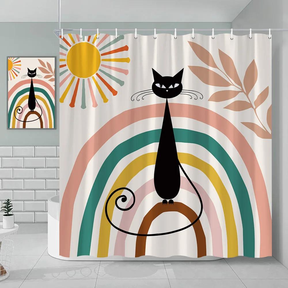 Bohemian Shower Curtain Cat Romantic Mid Century Modern Minimalist Abstract Lines Geometric Tropical Plants Bathroom Decoration