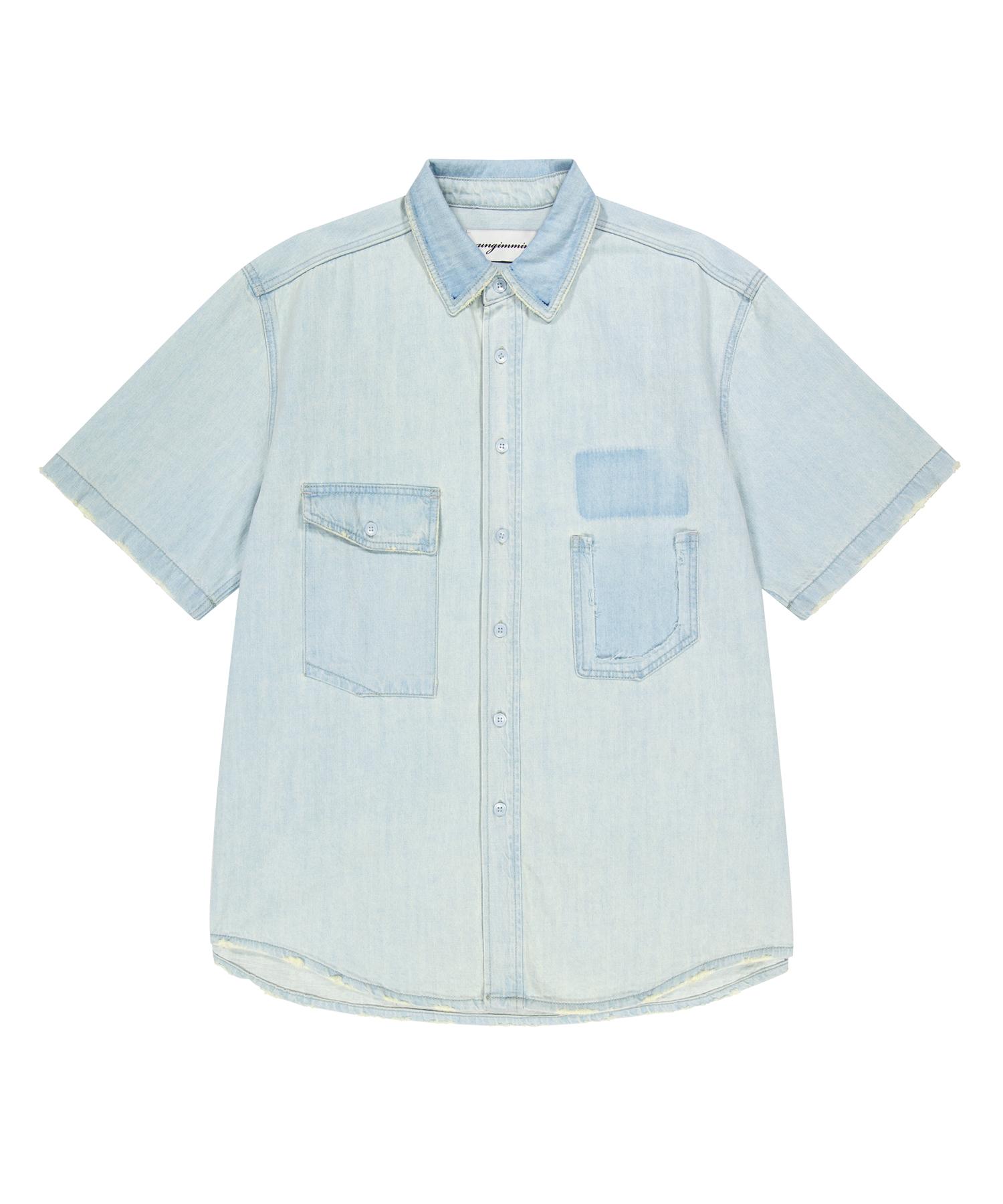 Un Gimmick Washed Denim Short Sleeve Shirt (Blue) Light Blue/L
