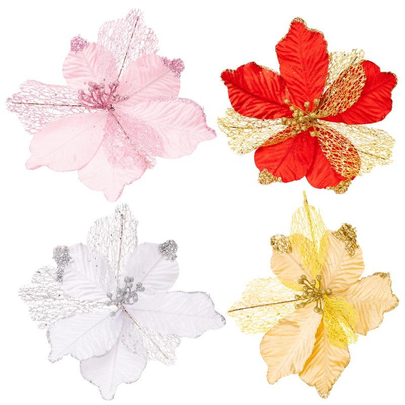 1PCS Christmas Ornament Golden Red Simulation Christmas Flower Handmade Maple Leaf Decorative Flower Christmas Flower Pendant