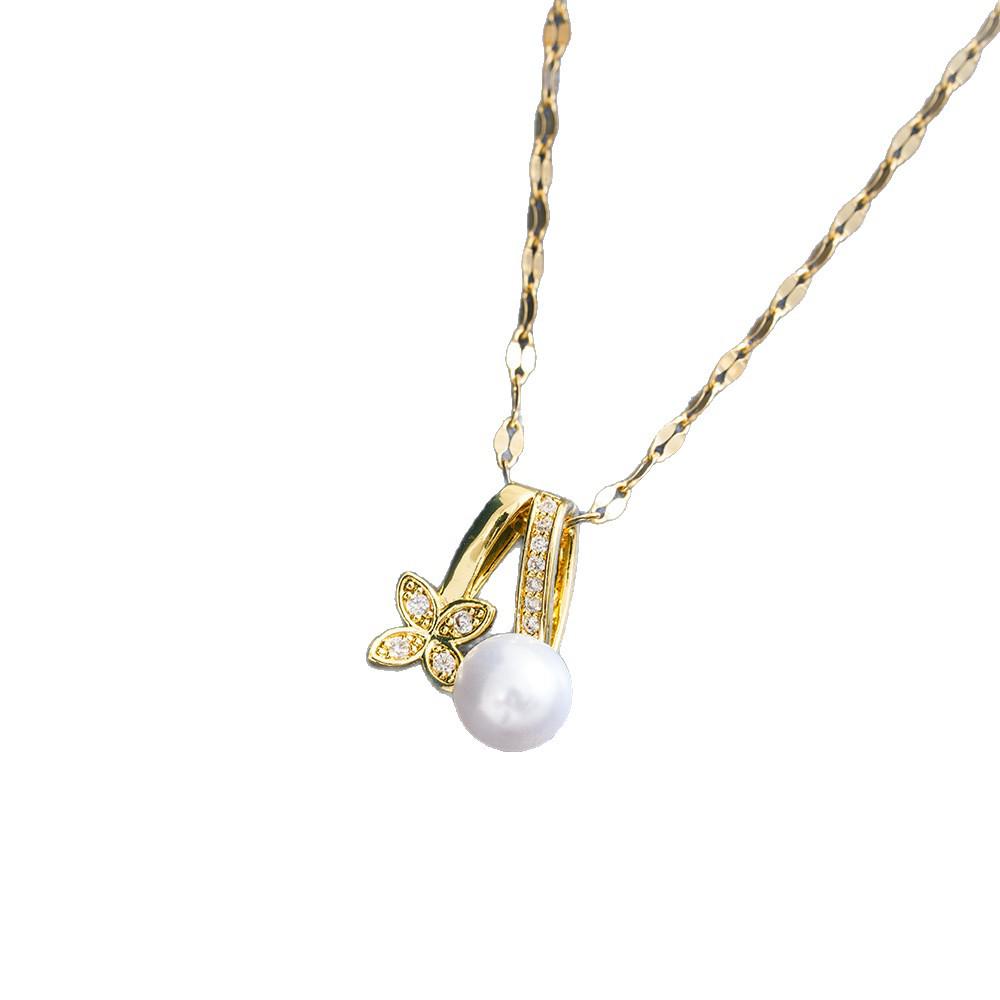 Cross-Border Fashion Zircon & Pearl Titanium Necklace with Flower Design